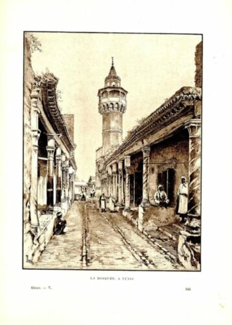 GRAVURE SUR BOIS 19ème MOSQUEEE TUNIS TUNISIE