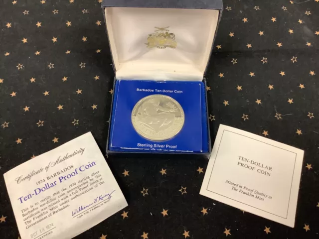 1974 Barbados Ten Dollar Proof Silver Coin with Original Paperwork-Box-COA