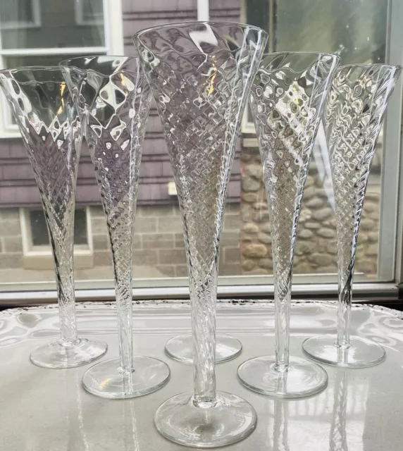 Crate Barrel Renoir Optic Swirl Hollow Stem Champagne Flute 10" Barware Set Of 6