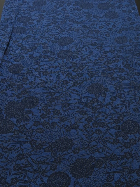 4B05z110 Japanese Kimono Crepe Silk  FABRIC Indigo Flowers 66.9"