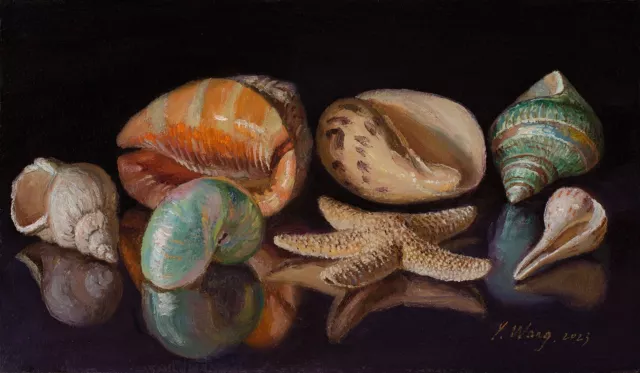 Original oil a painting a day still life realism seashells 12x7" Y Wang Fine Art