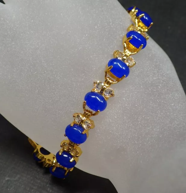 Gold Plate Blue Jade Cabochon Bead Bangle Bracelet Diamond Imitation 322834 2