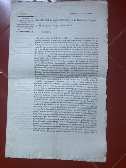 1811 - 1813 arrêté préfet Gard prix pain blé réquisition grains liste commune