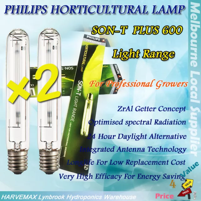 2x Philips Horticultural Lamp SON-T Plus 600W HPS Master Hydroponics Grow Light