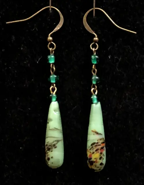 Vintage Venetian Art Deco green glass torpedo bead earrings  match 30s necklaces