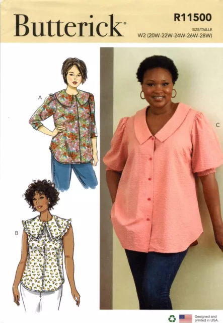 Butterick 6896  Women's Button Front Top Collar Sleeve Var. Sew Pattern 20W-38W