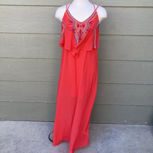 Xhilaration Womens Tank Shift Maxi Dress Sz L Bright Orangish Red Embroidered