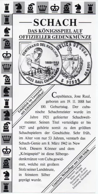 Schach Chess 100. Geb. Capablanca 1988 Voranzeigeblatt 5 Pesos