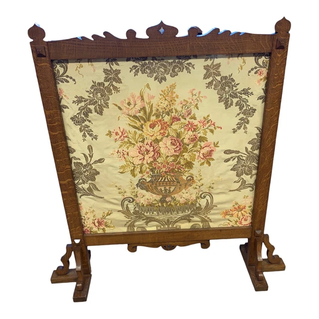VINTAGE GOTHIC WOODEN Glazed Fire Screen with Floral Embroidery Tapestry £59.99 PicClick UK