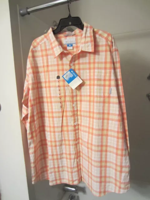 NWT men's long sleeve shirt Columbia Sportswear Size XL coral/white plaid