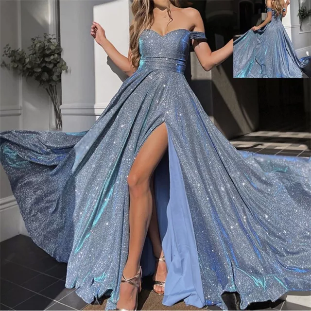 Femme Sequin Robe Longue Épaule Dénudée Jupe Trapèze Soirée Robe Habillé Maxi