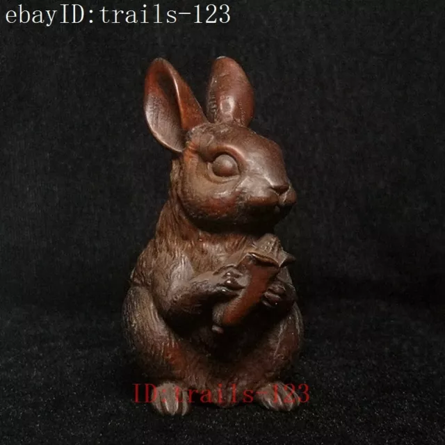 Japanese Boxwood hand carved vivid Rabbit Figure statue netsuke collection 6.8cm 3