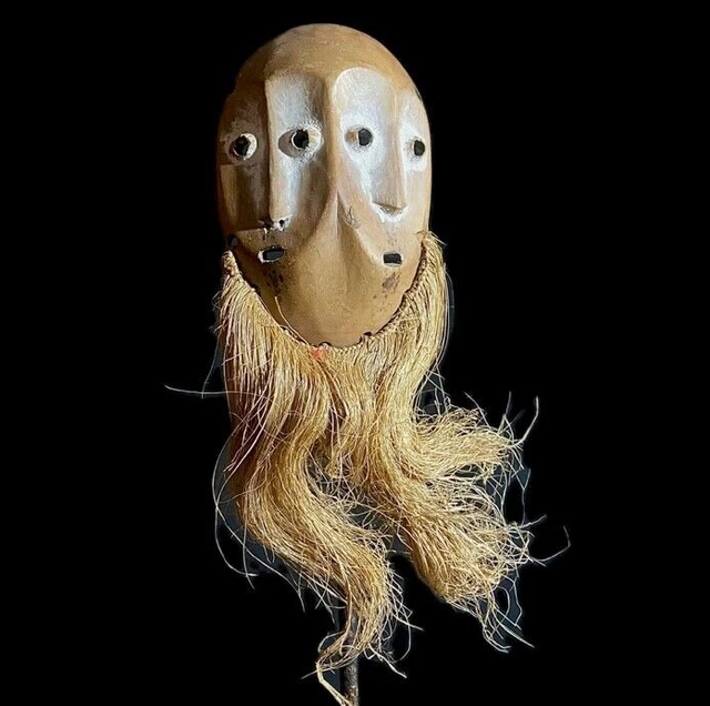 African Mask Tribal Face Wood Hand Carved Vintage Wall Hanging Lega -8671