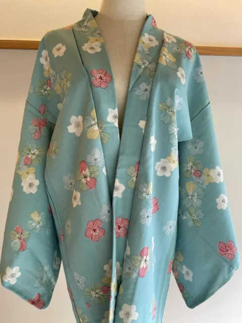 H&A Blue flower HAORI Vintage Japanese KIMONO Dress cardigan Yukata women