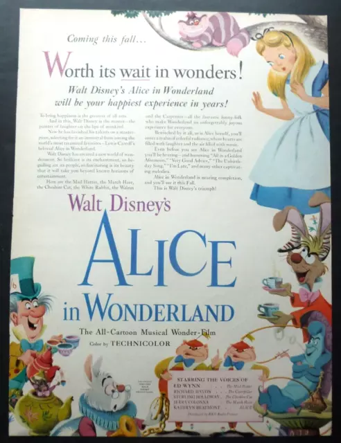 Vtg 1951 Ad – Disney Alice in Wonderland Movie Pre-Release “Coming this fall”