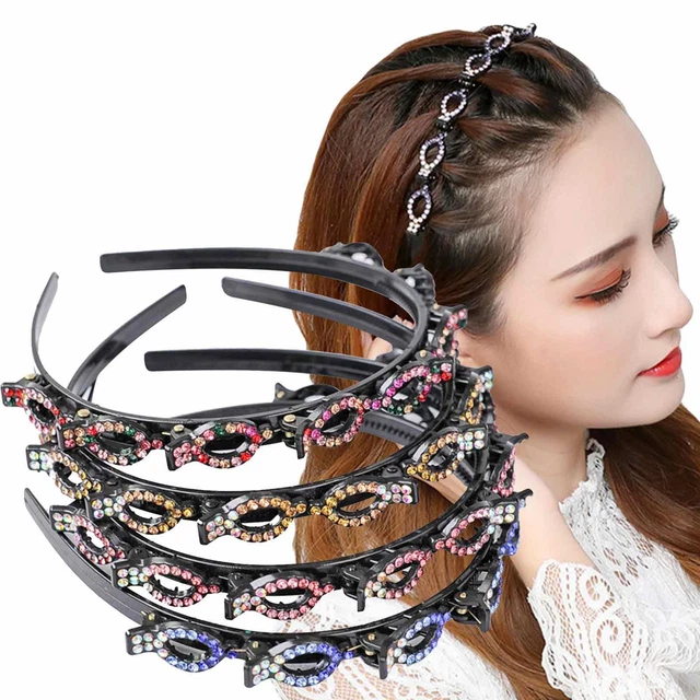 4x Woven Headband Rhinestone Clip Bangs Double Headband Hollow Braided Hairband