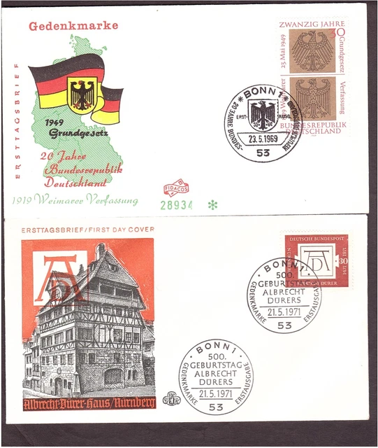 2 FDC BRD 585 20Jahre BRD 23.5.69, 677 Albrecht Dürer 21.5.71, EST