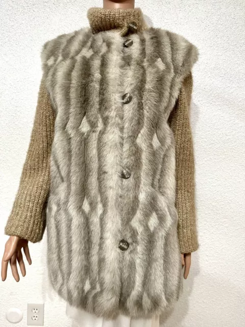 VTG 1970s Women’s FUR & KNIT SLEEVE COAT SWEATER JACKET Lined Hip Chic Sz 6 VGC