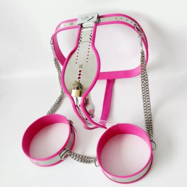 Full Male Chastity Belt Device Stainless Steel / drainage pipe pink thigh bands