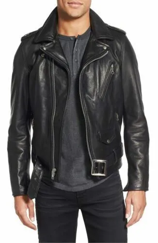 Black Lambskin Soft Genuine Slim Fit Motorcycle Biker Leather Jacket For Men's