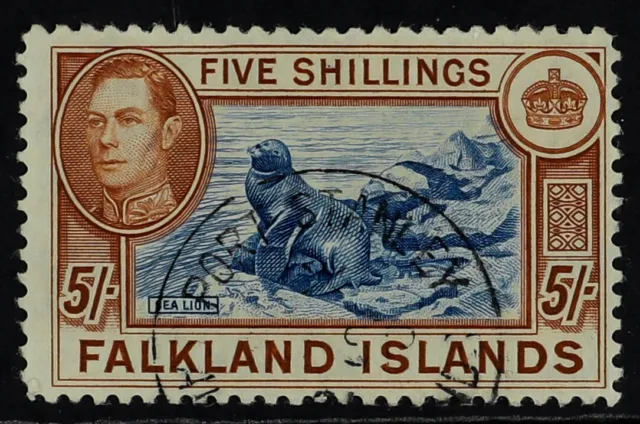 Falkland Islands 1938-50 5s Blue and Chestnut, Sg 161, Fine Cds Used.