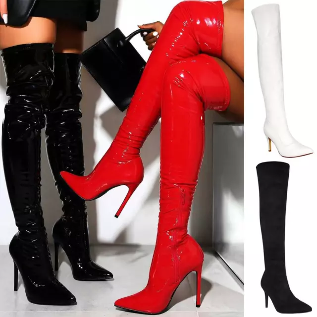 Womens Over The Knee Thigh High Stiletto Heel Ladies Stretch Calf Boots Size 3-8