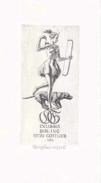 Exlibris Bookplate Gravure sur Cuivre Fritz Cernajsek 1910-1996 Diana Chien Nu