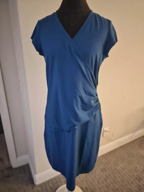 Athleta Womens L Teal Cap Sleeve Faux Wrap Ruched Dress