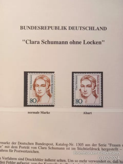BRD Bund Nr. 1305 I postfrisch ** Plattenfehler Fehlende Locke 80 Pfg. Schumann