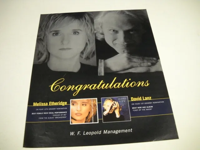 MELISSA ETHERIDGE and DAVID LANZ Congrats on Grammy noms 2001 Promo Poster Ad