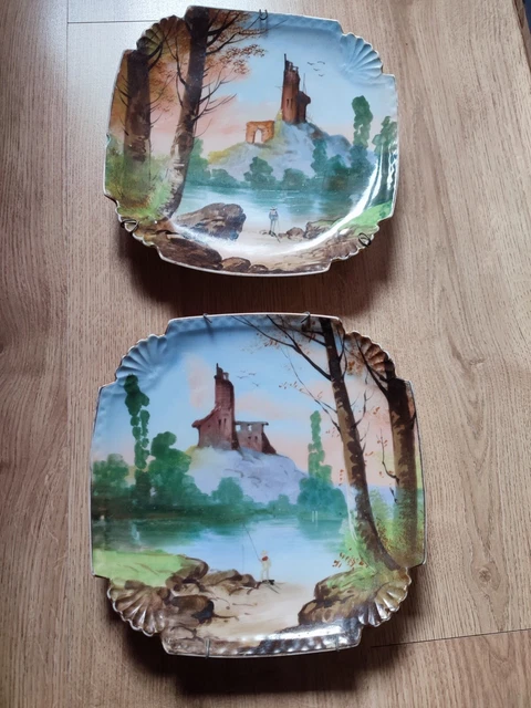 PAIRE ASSIETTE ANCIENNE PORCELAINE DECOR PAYSAGE / DE PECHEUR  Très beau décor