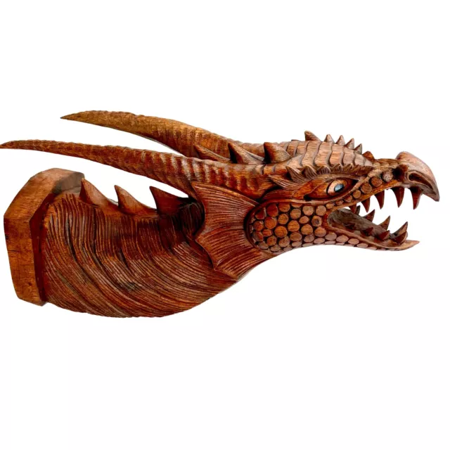 Horned Dragon Head Wall Mount Mask Hand Carved Wood Gothic style Medieval art
