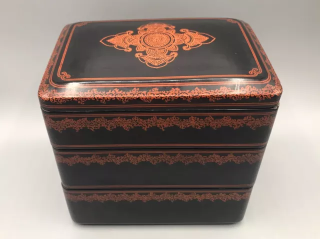 Antique Burmese Three Tier Red & Black Lacquer Box
