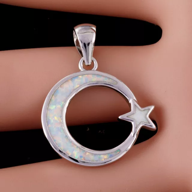 Moon and Star White Fire Opal Silver Jewellery Necklace Pendant