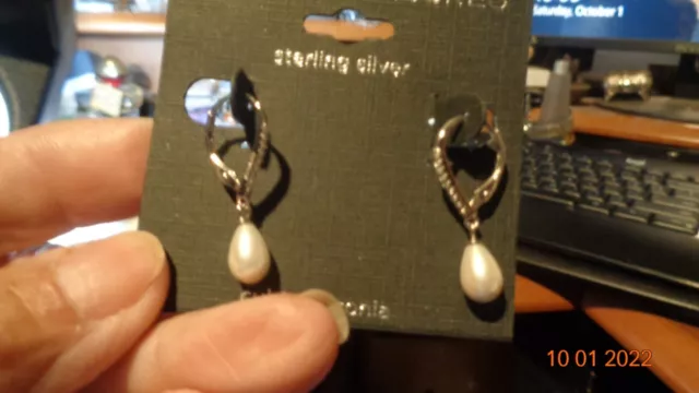 Looped Pearl Earrings Sterling Silver Cubic Zirconia  New