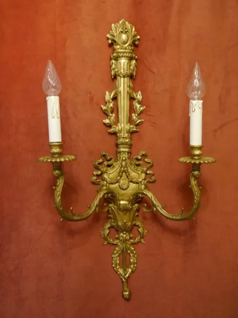 very large vintage antique 2 lights wall lamp brass sconce old