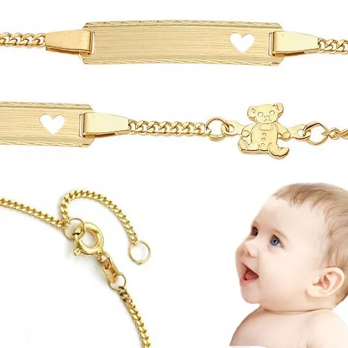 Baby Taufe Herz Armband mit Teddy Bär Echt Gold 333 mit Gravur Namen und Datum