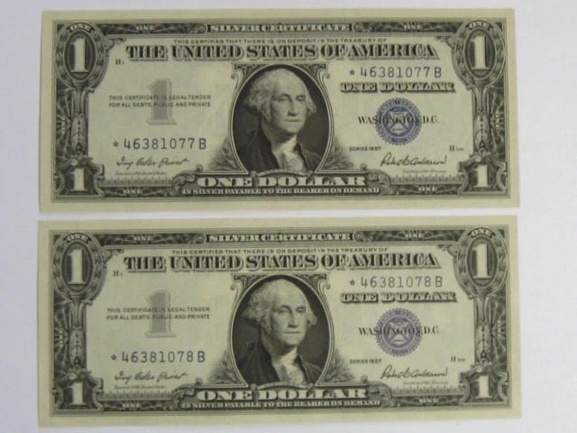 Pair of 1957 $1 Silver Certificate Consecutive Star Notes Blue Seals - #10614-1