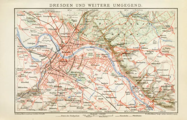 Dresden & Umgebung historischer Stadtplan Deutsches Reich Lithographie ca. 1892