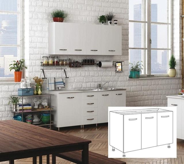 Kit Mobile Cucina Base Sotto Lavello 3Ante Cm.120X50X85H Bianco Lavabo Escluso