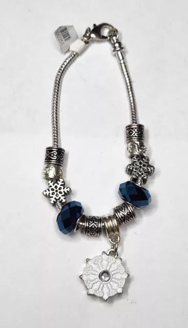 Winter Wonderland European Large Hole Silver Charm Bracelet W Blue Glass Beads