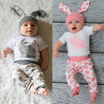 Infant Baby Boys Girls Easter Rabbit Printed Romper Bodysuit+Pants Hat Outfits