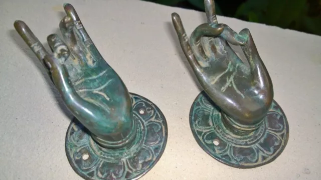 2 small BUDDHA pull handle hand brass aged patina door old style knob hook B