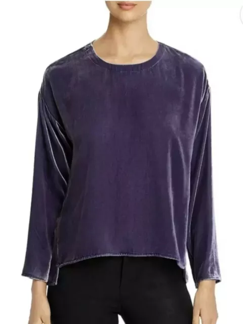 Eileen Fisher Boxy Top Womens Size XS Purple Velvet Round Neck Silk Blend Shirt