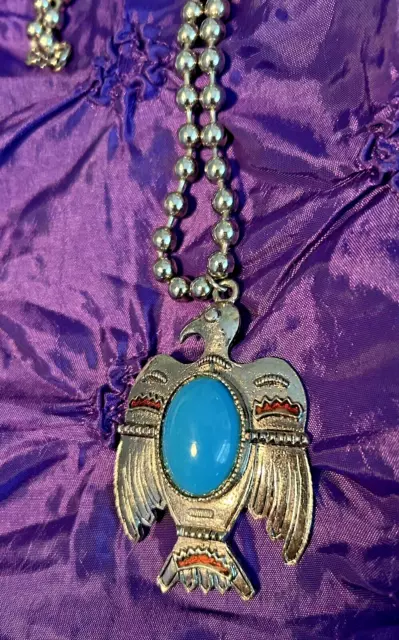 Phoenix Silver Thunderbird Blue Turquoise Pendant Brooch Necklace Aztec Indian