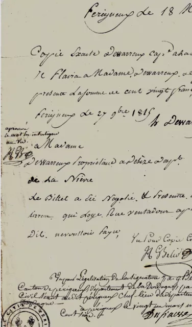 1816 Perrigueux Timbro Giudice Beler Desvarreux Capitano 44è Brig.et Nièvre