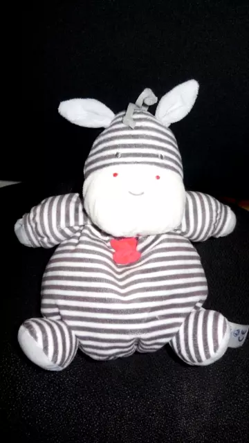 doudou peluche musical zèbre hippopotame rayé gris blanc rouge OBAIBI 24cm