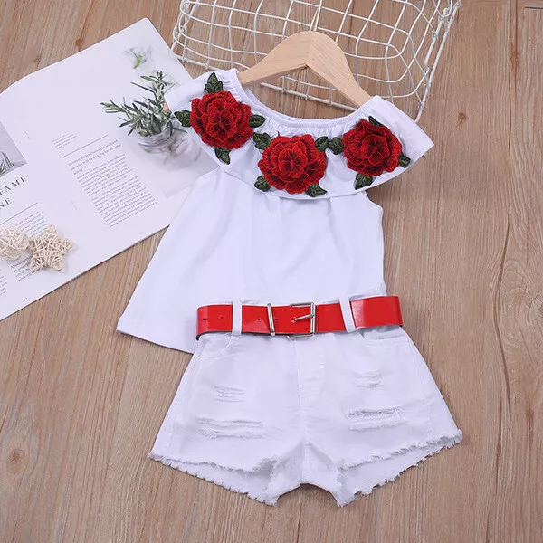 Completo Bimba bambina Maglia maniche corte pantaloni corti bianco rosso B046