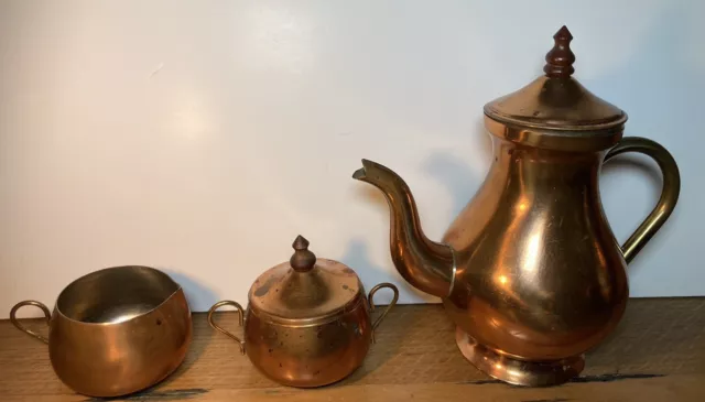 Vintage Portuguese Copper Coffee or Tea Pot Set with Tray Old Dutch Rustic 3
