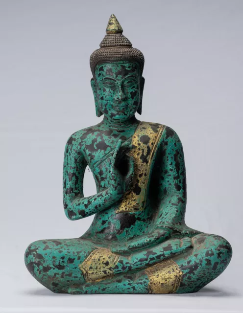Buddha - Antique Khmer Style Seated Wood Buddha Statue Teaching Mudra - 39cm/16"